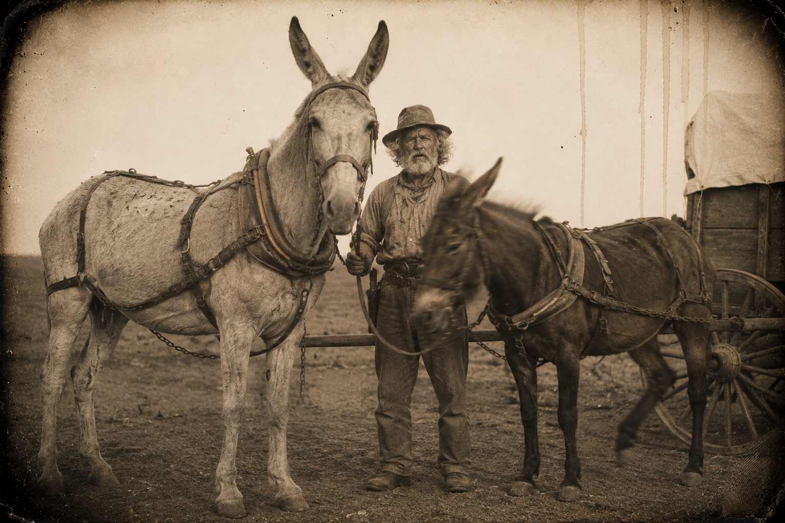 Augustus hitches Greasy and Kick Boy — a grey mule and a bay nearly four hands shorter — to the wagon for the drive into town.