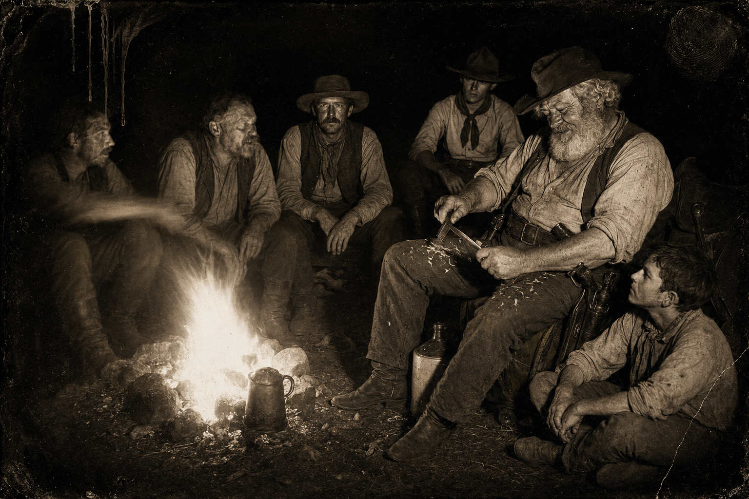 The campfire talk — the cowboys sour at Jake for taking Lorena out of circulation, while Augustus whittles a mesquite twig into a toothpick.
