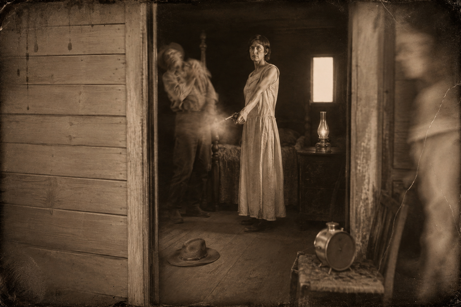 A young foreman gives Sally lip when she tries to rush him off and she shoots him in the shoulder with the derringer she keeps under her pillow.