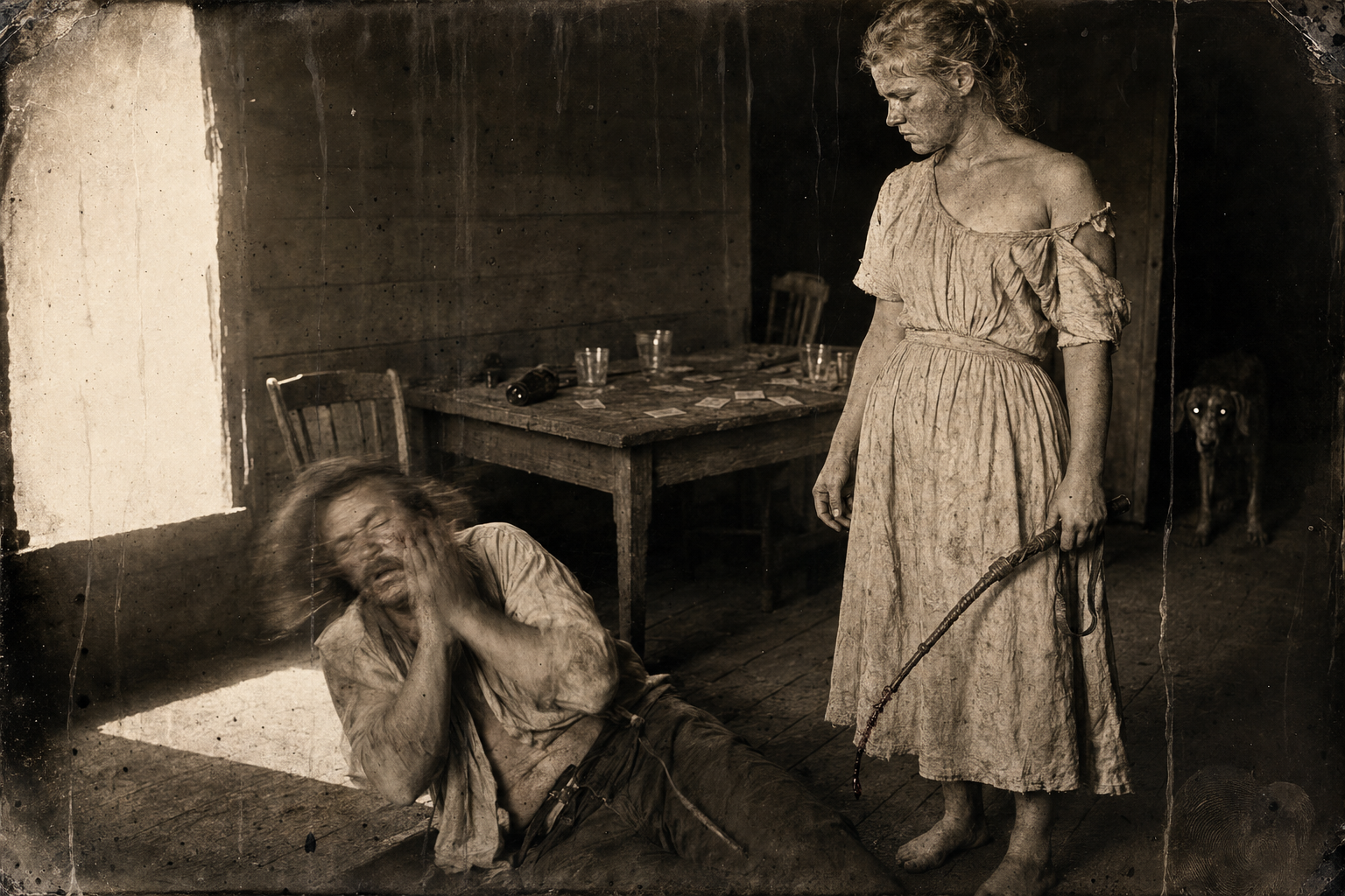 The morning after Mosby settles a gambling debt with two of his friends — Lorena standing over him with his own quirt, having cut his face open.