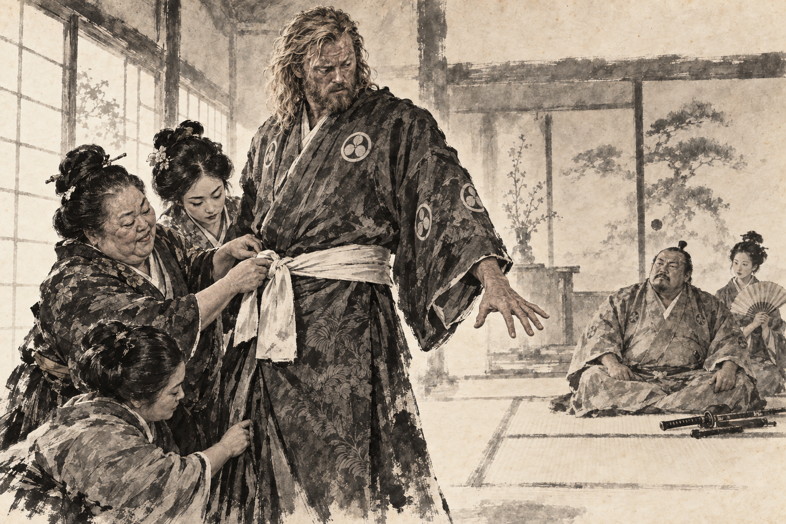The kimono with five scarlet crests