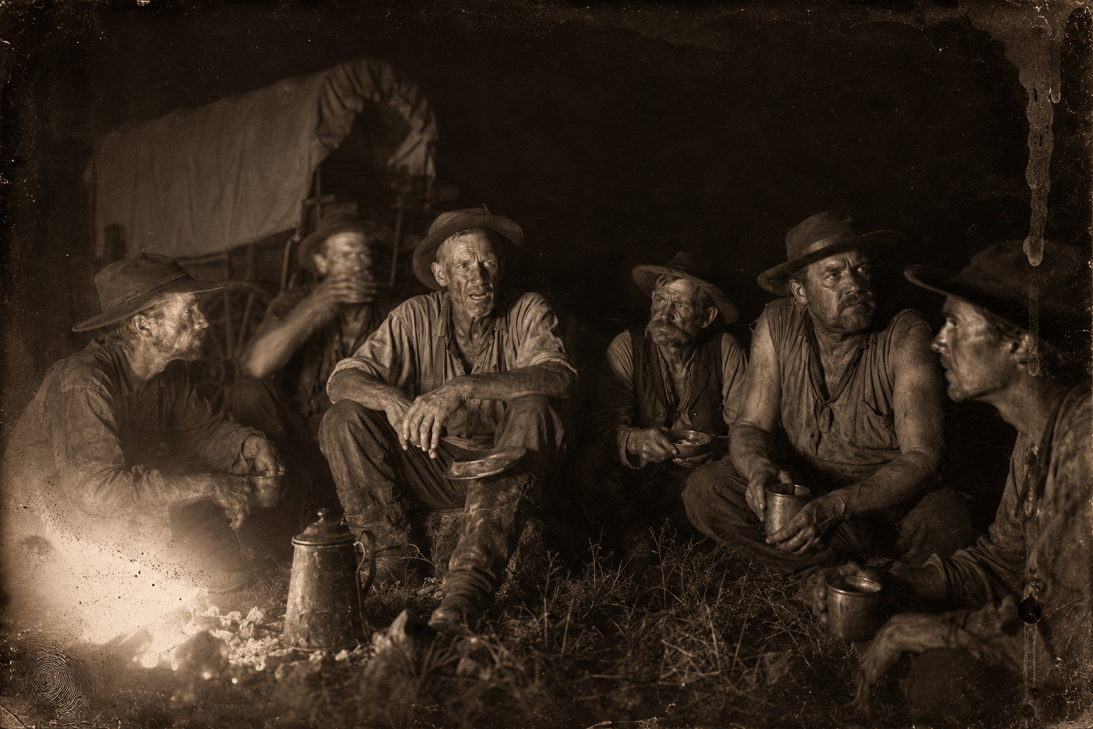 Around the wagon the hands question Pea Eye about Jake and Dan Suggs — shot them, hung them, then burned them.
