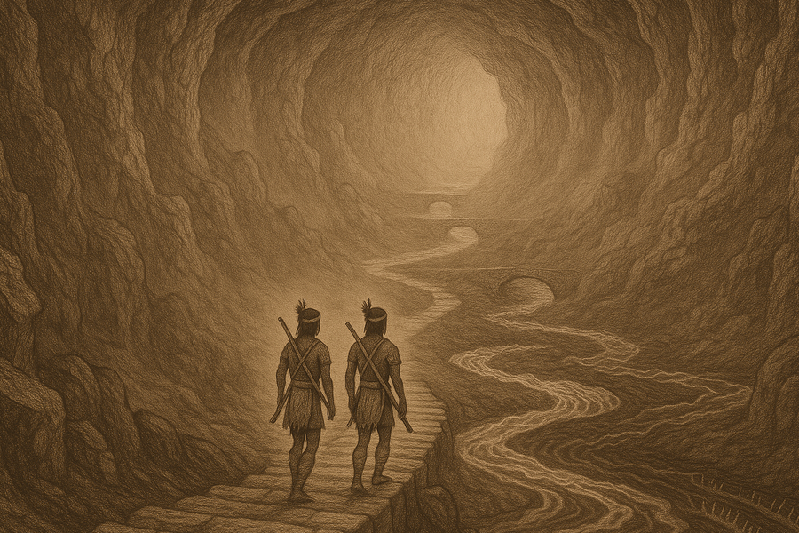 The Hero Twins descending the long stair into the rivers and shadows of Xibalba.
