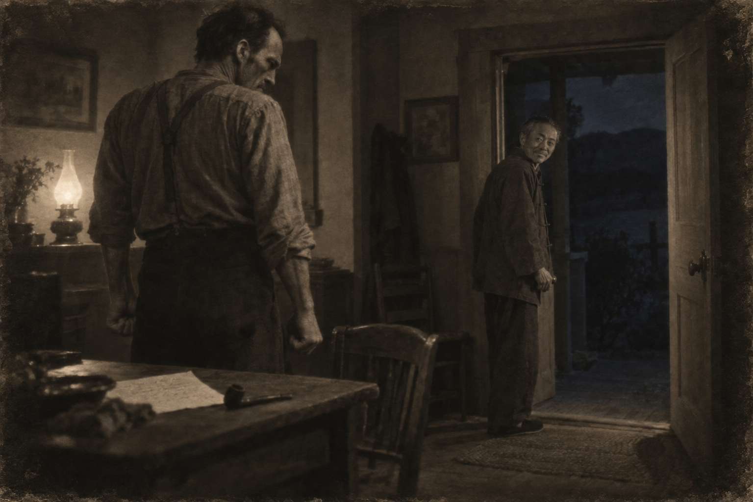 Amiably, at the door
