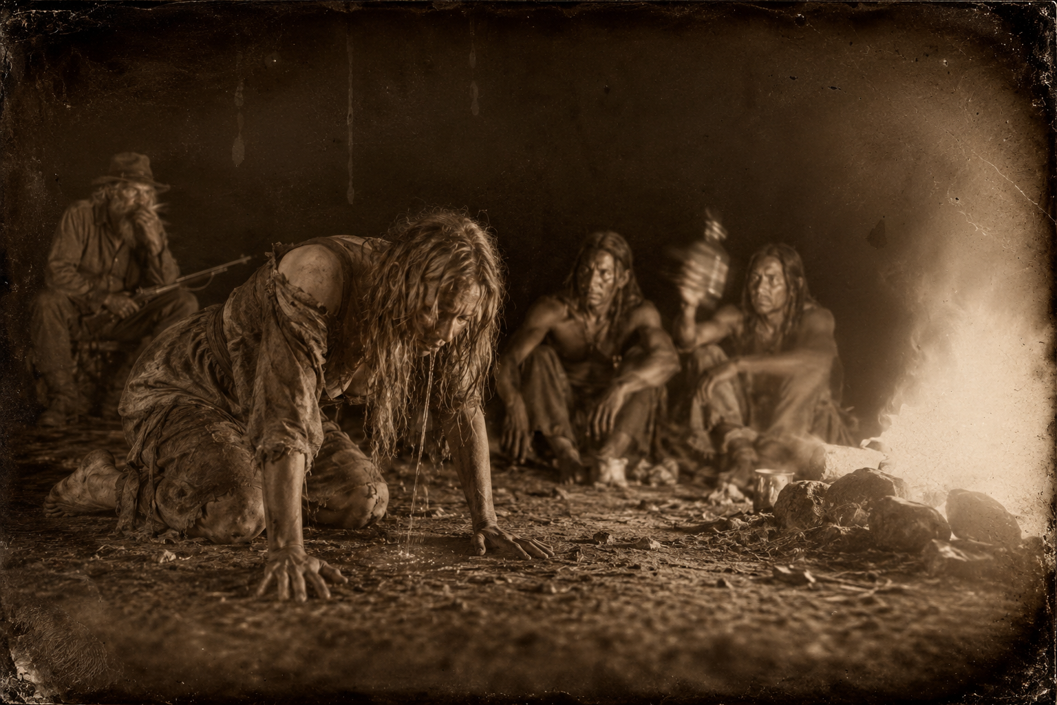 Left alone with the Kiowas, Lorena gets up on her hands and knees and vomits from fear while they watch her and drink.