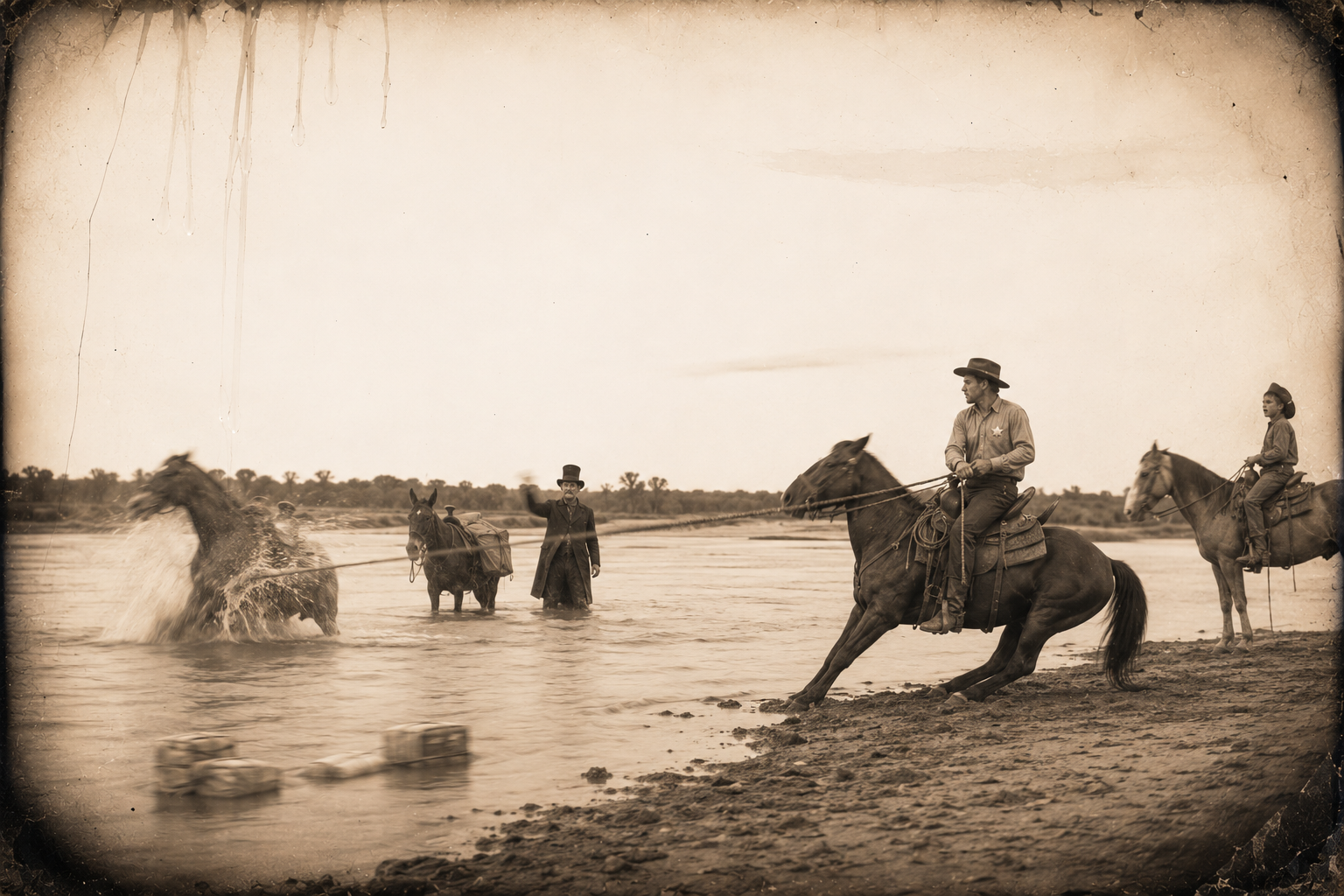 Having crossed where the deer cross, July ties the two ropes together and drags the horse and the pack mule out of the quicksand.