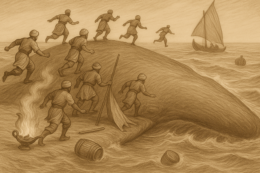 Sailors on the back of an enormous whale mistaken for an island, fire and tent overturned as the leviathan begins to dive.