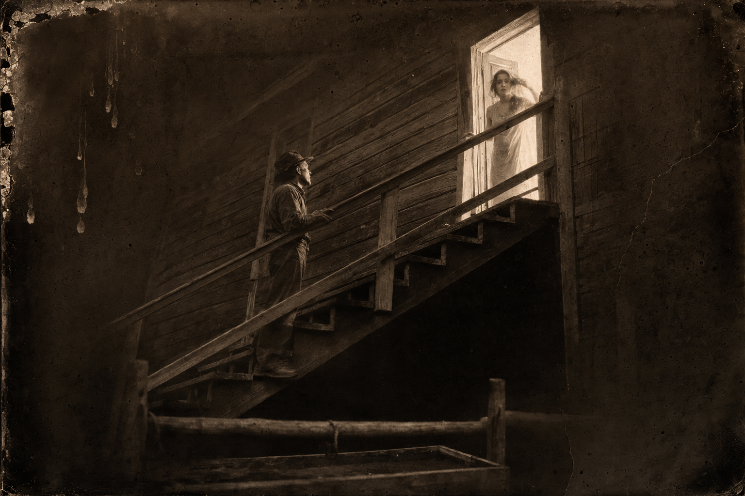 The memory that comes back to Call on the bluff — Maggie in the doorway at the top of the back stairs in Lonesome Dove, asking him whether he can't just say her name once.