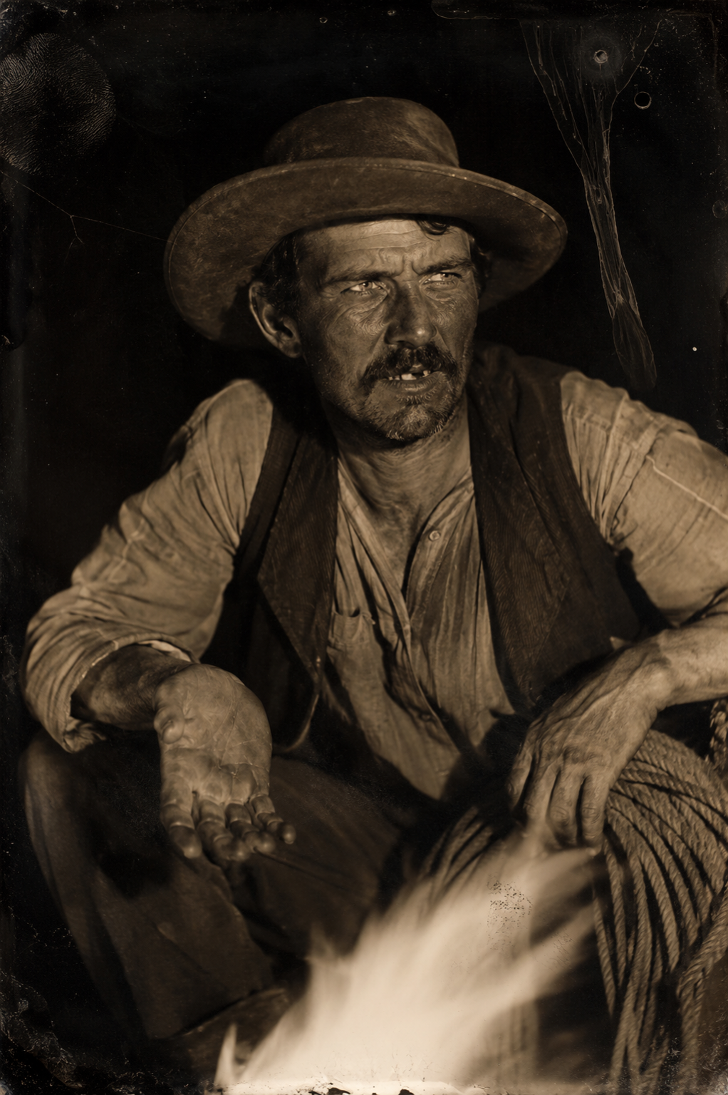 "Once a whore, always a whore. I won't stand for it. Next time I'll take a rope to you." — a close portrait of Jake across the fire, with the coiled rope in reach.