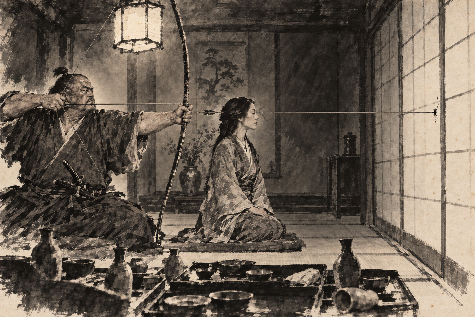 Five arrows past Mariko's face