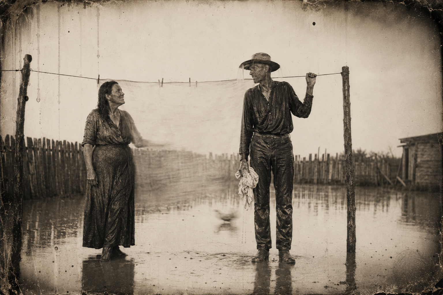 A year back, in the thunderstorm, Pea Eye stands in Mary Cole's flooded backyard steadying the clothesline with her bloomers in his fist and a stream of rain pouring off his hat brim in front of his face.