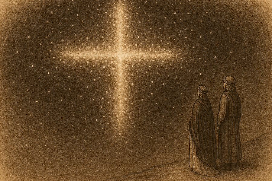 The countless blessed souls forming an enormous luminous cross of light in the sphere of Mars, Dante and Beatrice tiny against it.