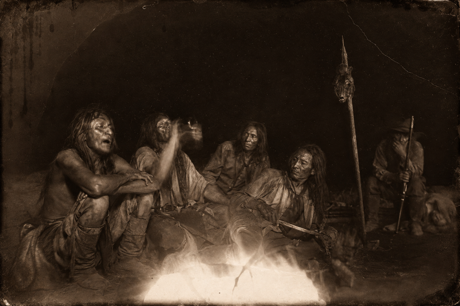 Put in a good mood by what they have done, the Kiowas settle down and pass the whiskey bottle around, the scalp tied to a lance beside them.
