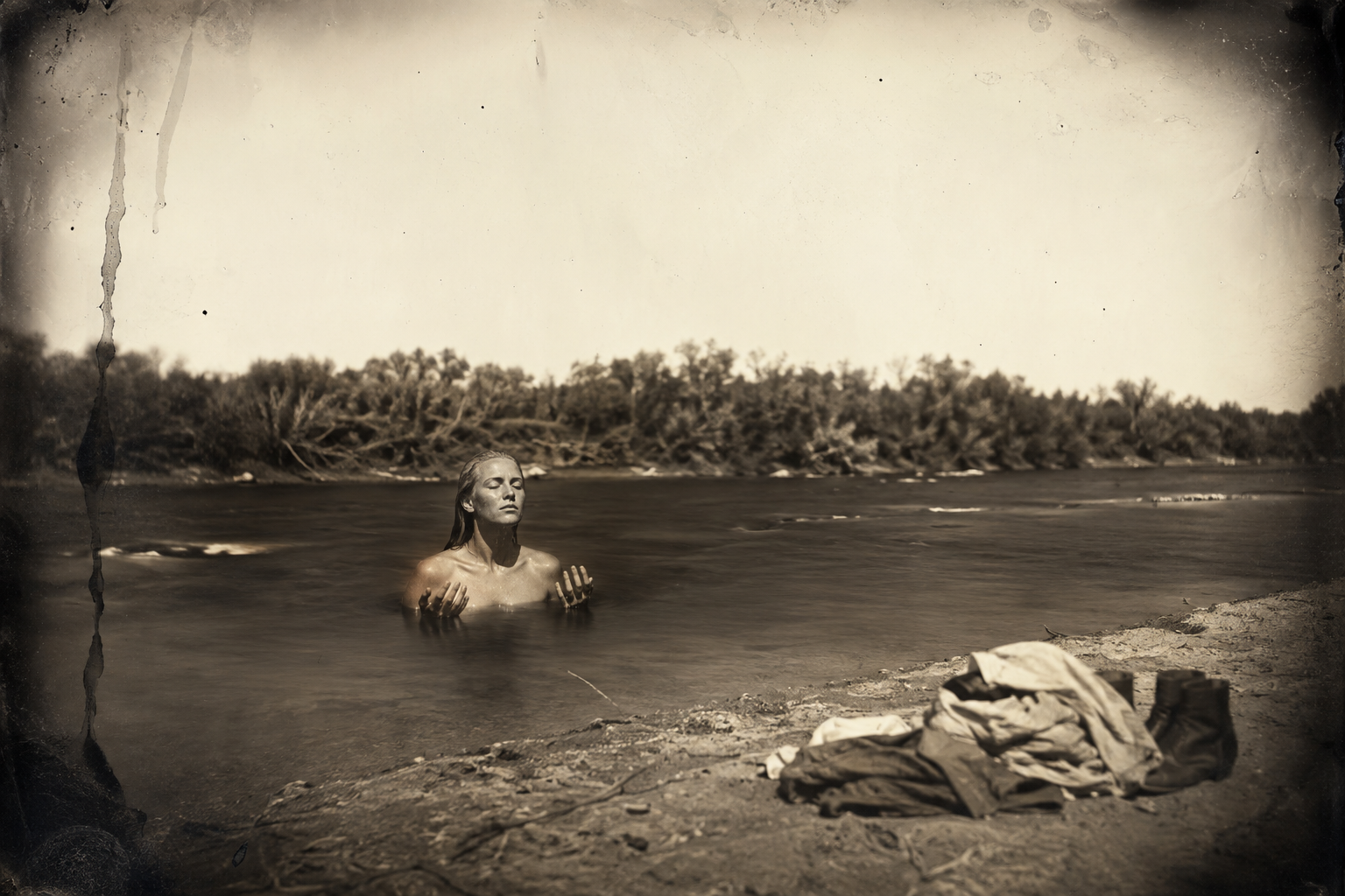 Lorena's first good wash of the journey — standing chest-deep in the green Nueces, letting the water take off the dust and sweat.