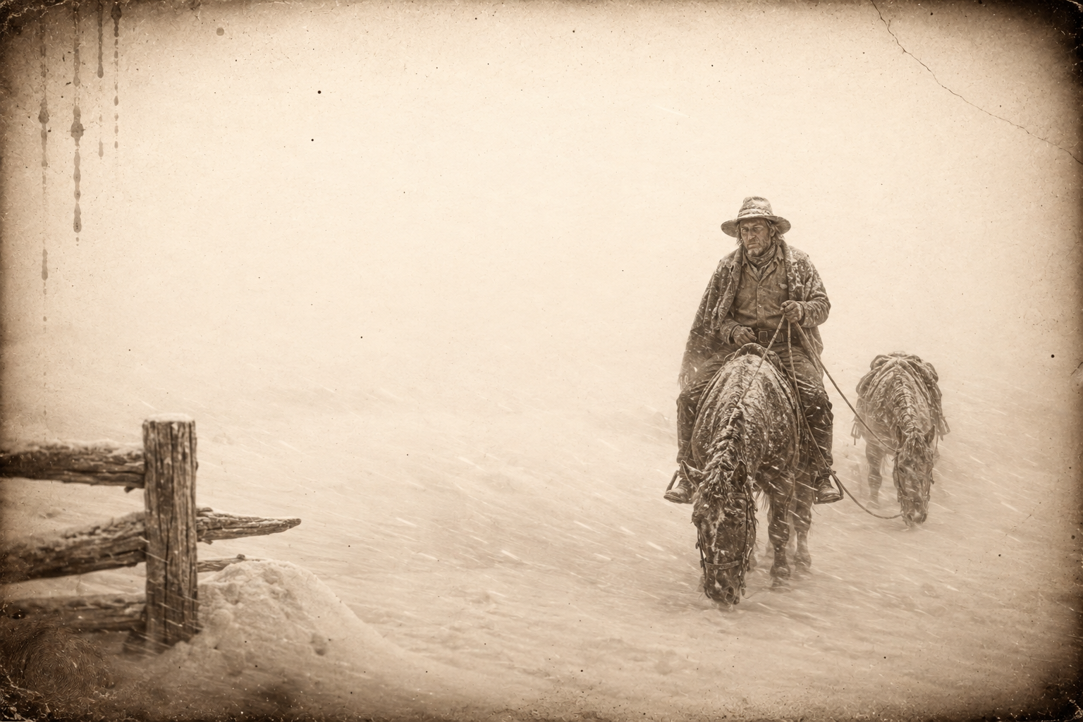 Dish Boggett picks his way in off the Platte through a January blizzard with two spent horses, bringing the news that Augustus McCrae is dead.