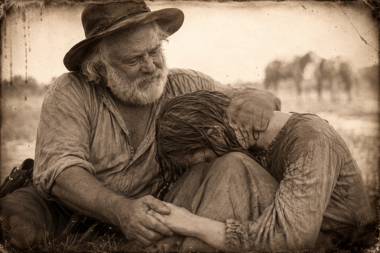 Gus strokes her cheek, she puts her head down on her knees, and he rubs the back of her neck under her wet hair — "you're shrunk up from not wanting nothing" — then holds her hand in the still morning while the horses swish their tails.