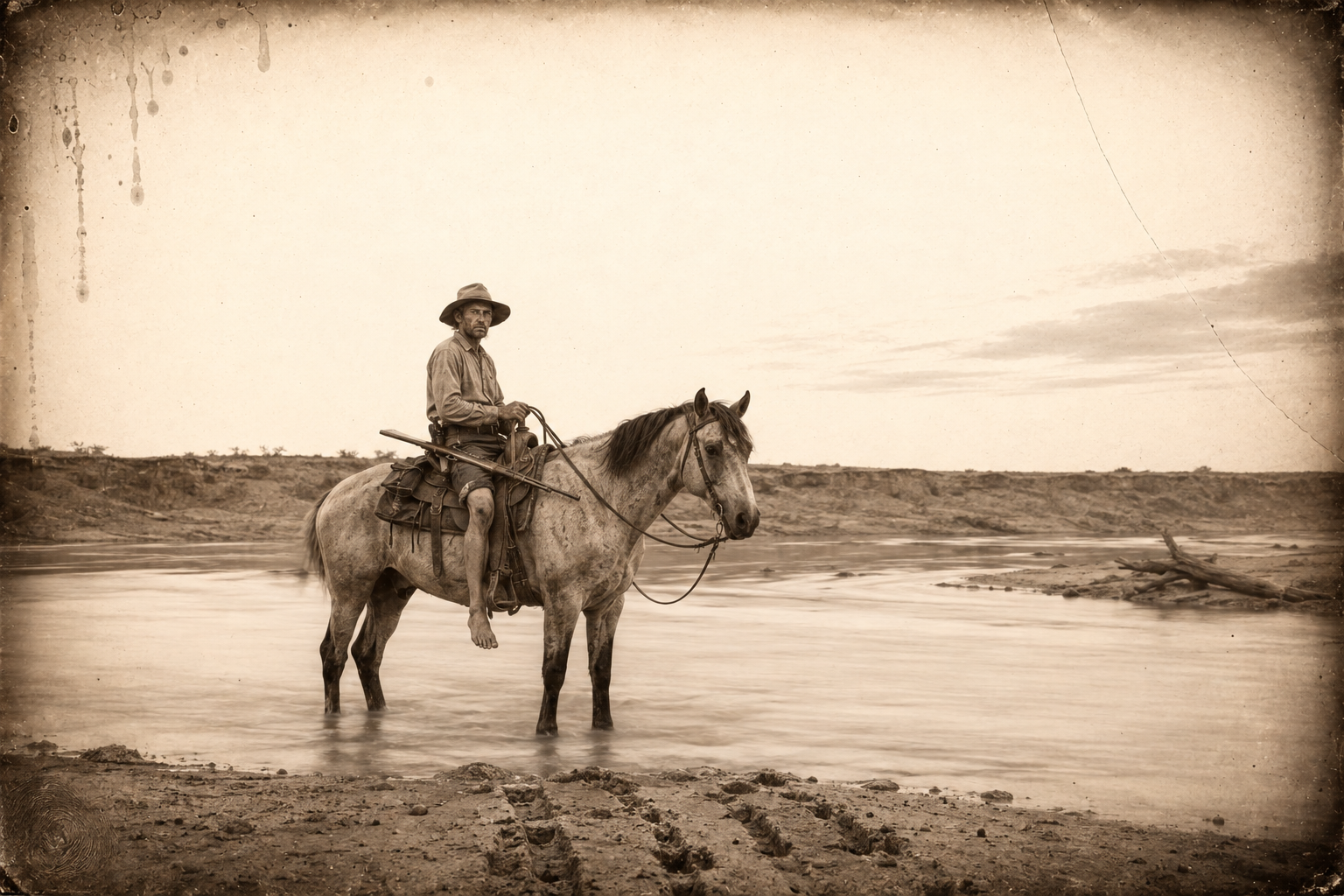 Five days after the snake, still unable to put his weight on the leg, July saddles up and rides across the Republican, heading north into country where he has seen no person at all.