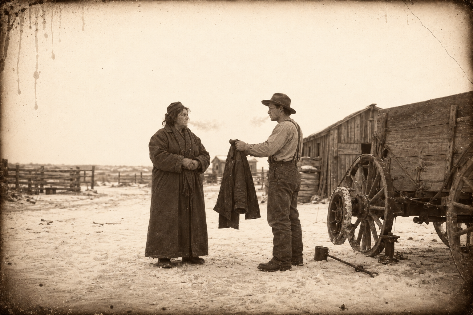 At the tool shed the next morning Clara, shivering and furious, tells July that if he wants to marry her he should come and sit — and refuses his coat.