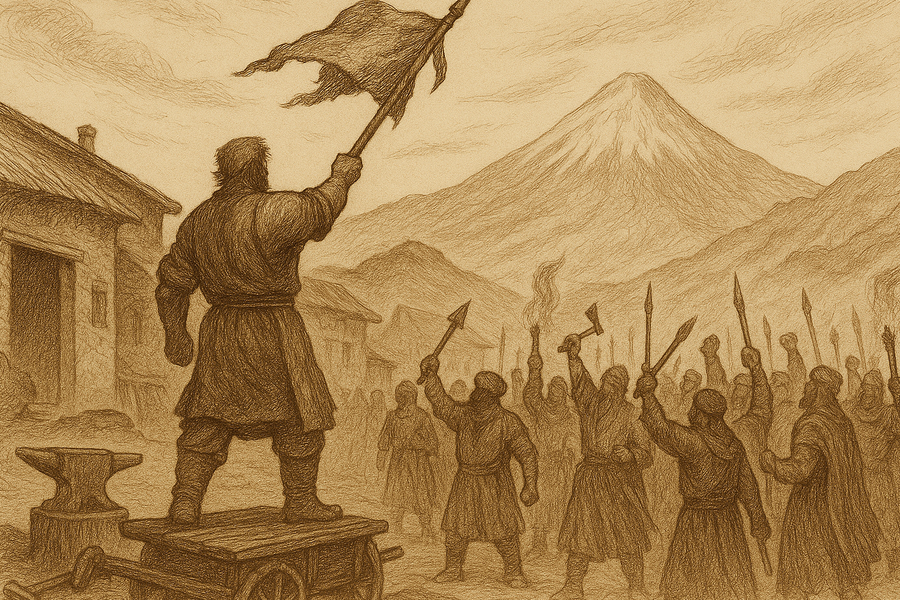 Kaveh the blacksmith hoisting his leather apron on a spear as the Derafsh Kaviani, the standard of revolt.