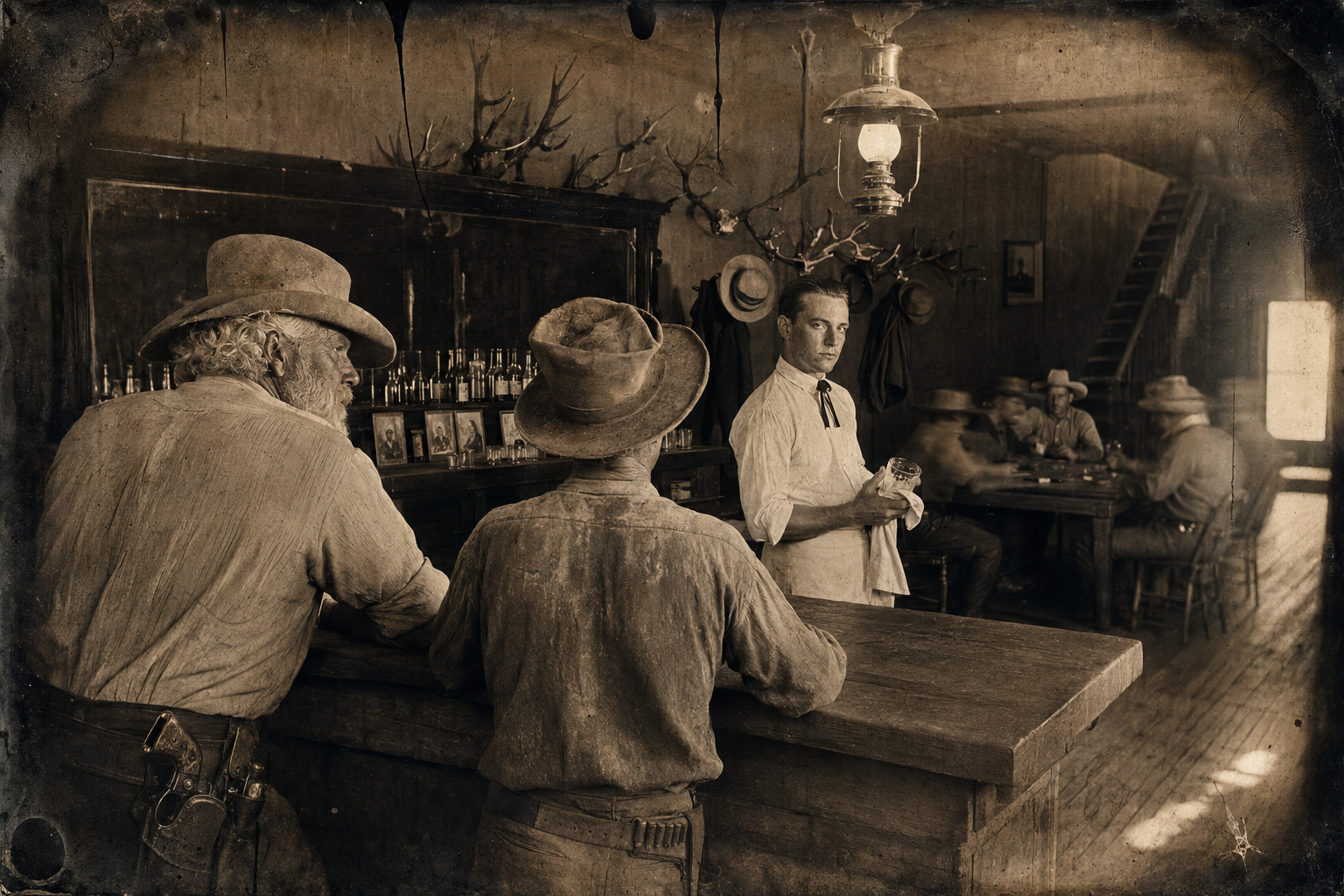 Inside the Buckhorn, the slick young bartender polishes glasses and will not be troubled to serve the two dusty old men at his bar.