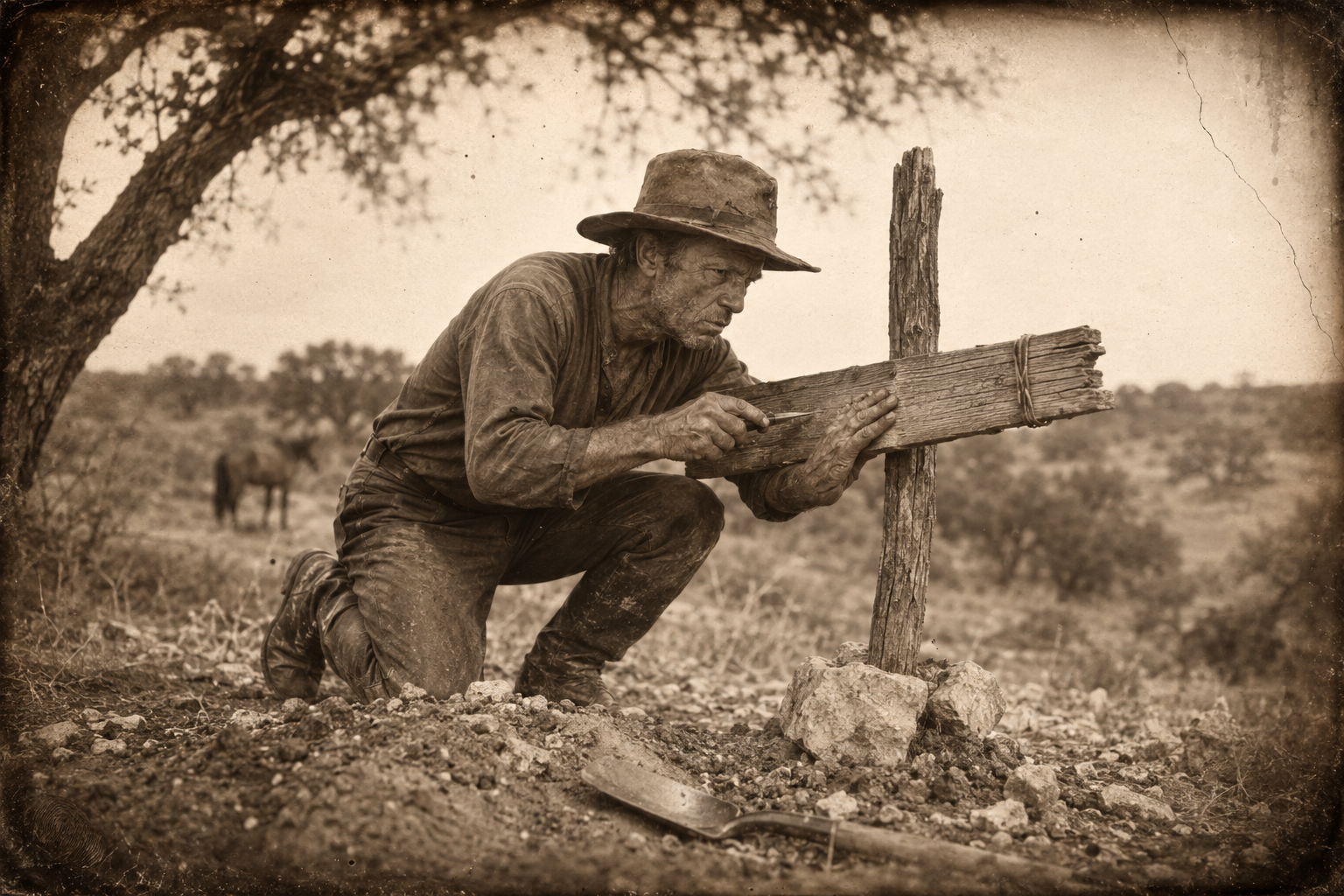On the hill of live oaks above the Guadalupe, Call scratches two letters into the back of the one surviving plank over the grave he dug himself.