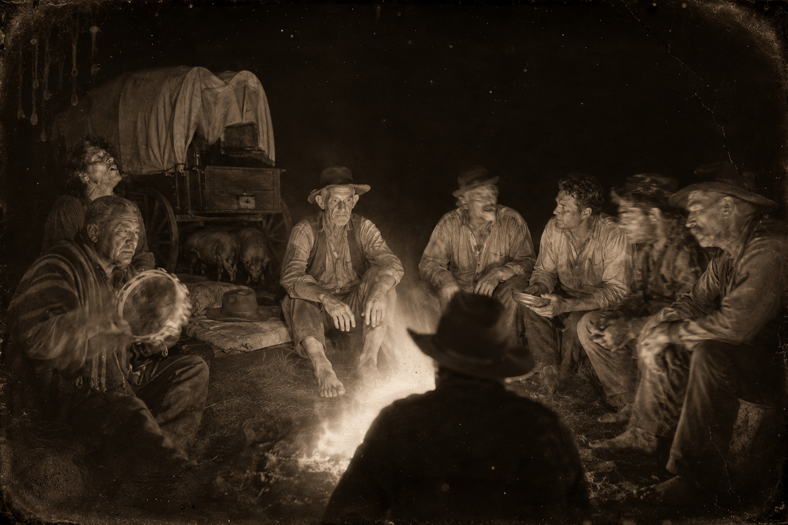 That night the men sit up at the fire arguing over the refused amputation, the ghosts and the long haul to Texas, while Po Campo jingles his tambourine and Pea Eye wishes he could die himself.