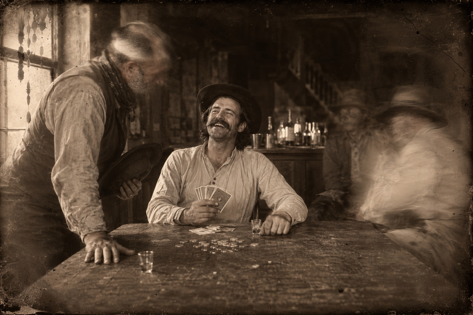 A trail foreman tries to hire Jake for the drive to Montana and Jake laughs him off across the card table.