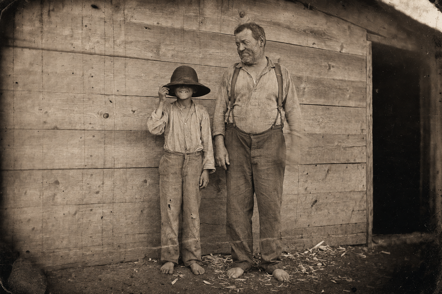 Roscoe gives the bareheaded boy his old black felt hat, and it swallows Joe's head to the mouth.