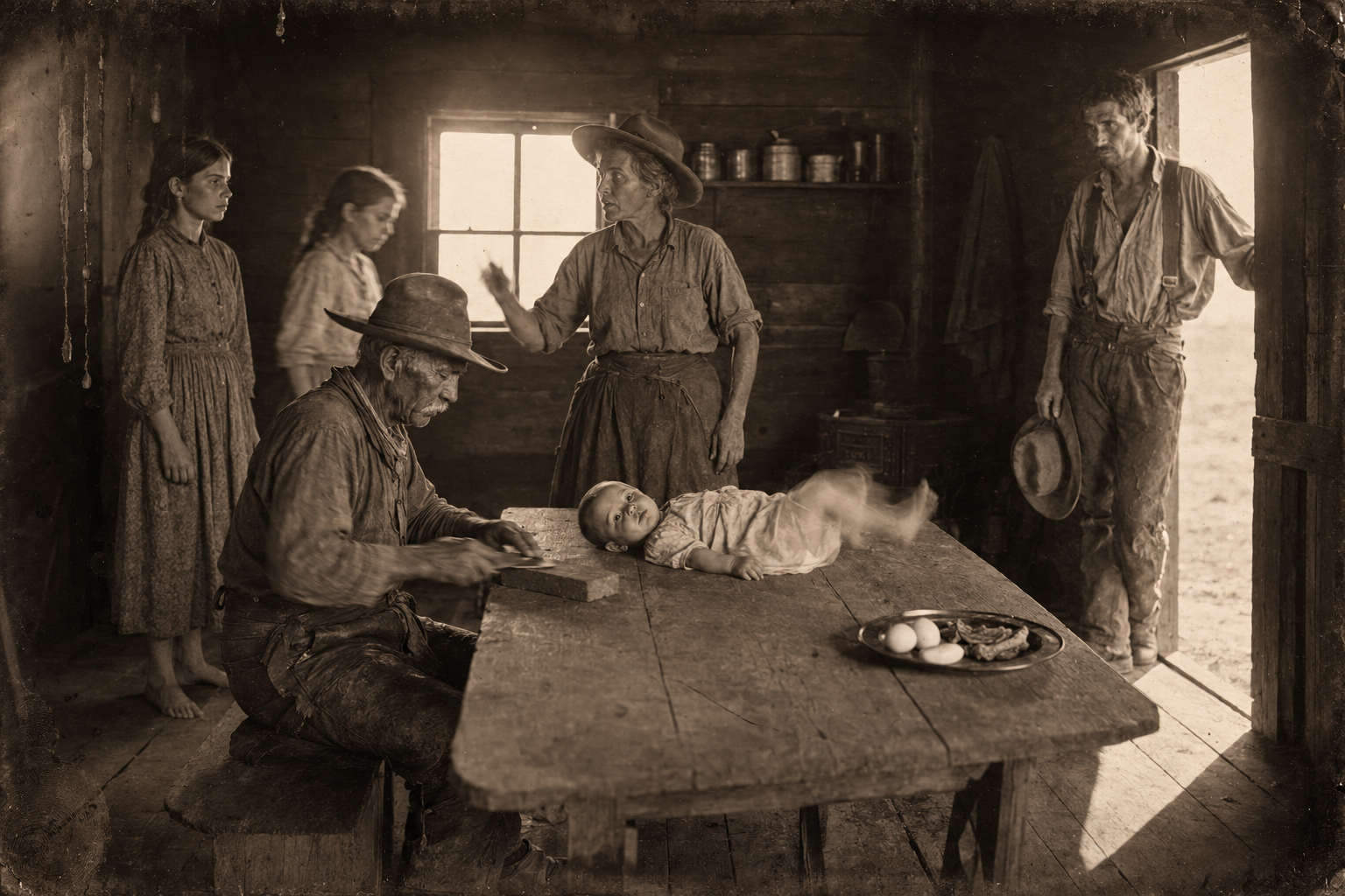 July comes into Clara's kitchen the next morning to find Cholo sharpening a thin-bladed knife, the baby kicking on the table, and Clara in a man's hat telling the girls how to feed him.