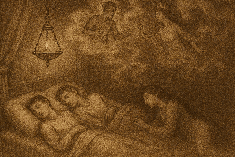 Two jinn hovering on smoke above a moonlit canopied bed where the sleeping prince Qamar al-Zaman and princess Budur lie side by side, oblivious.