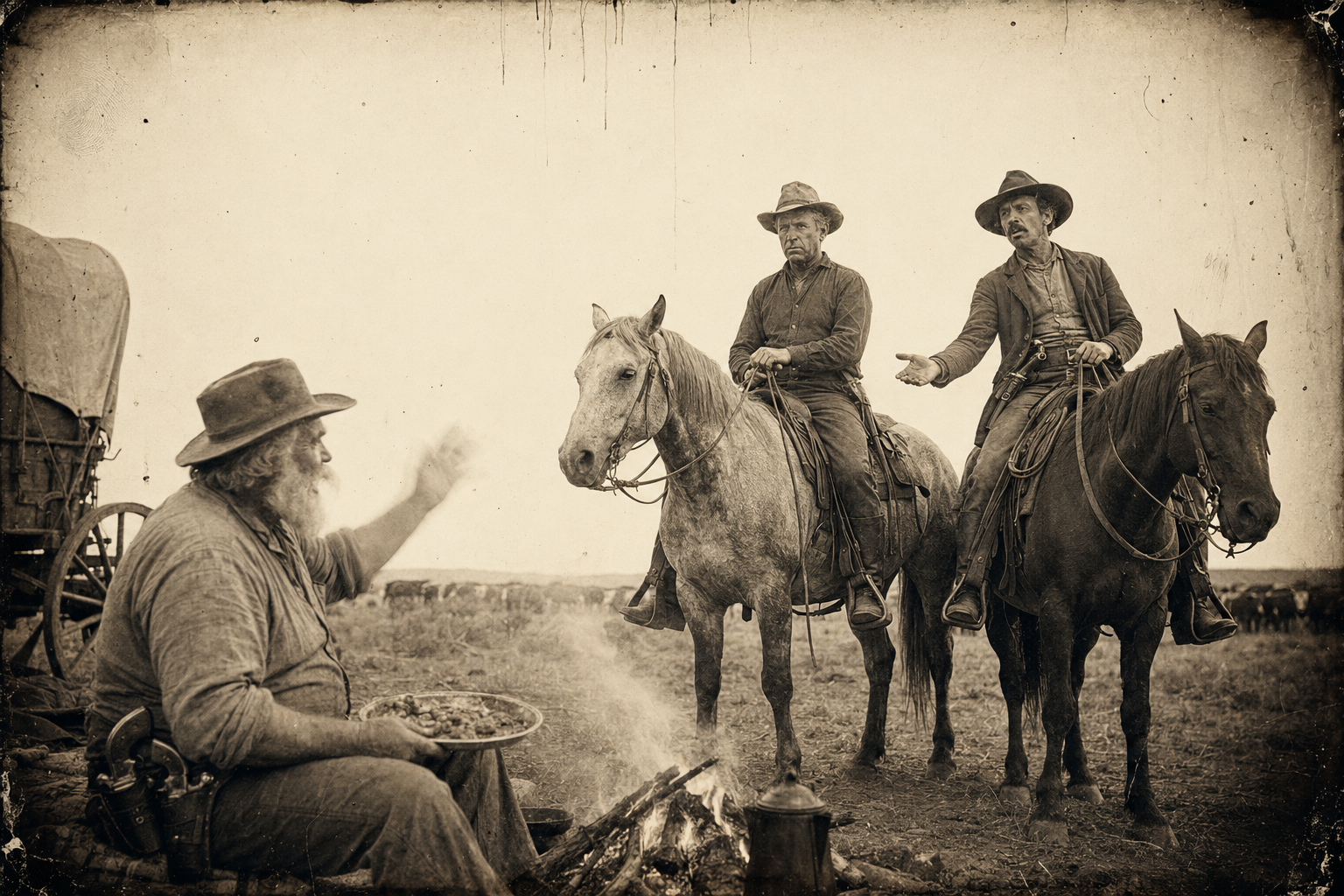 Call and Jake ride into camp at supper after branding four hundred head, and Augustus, sitting fresh with a full plate, greets them with "Hello, girls".