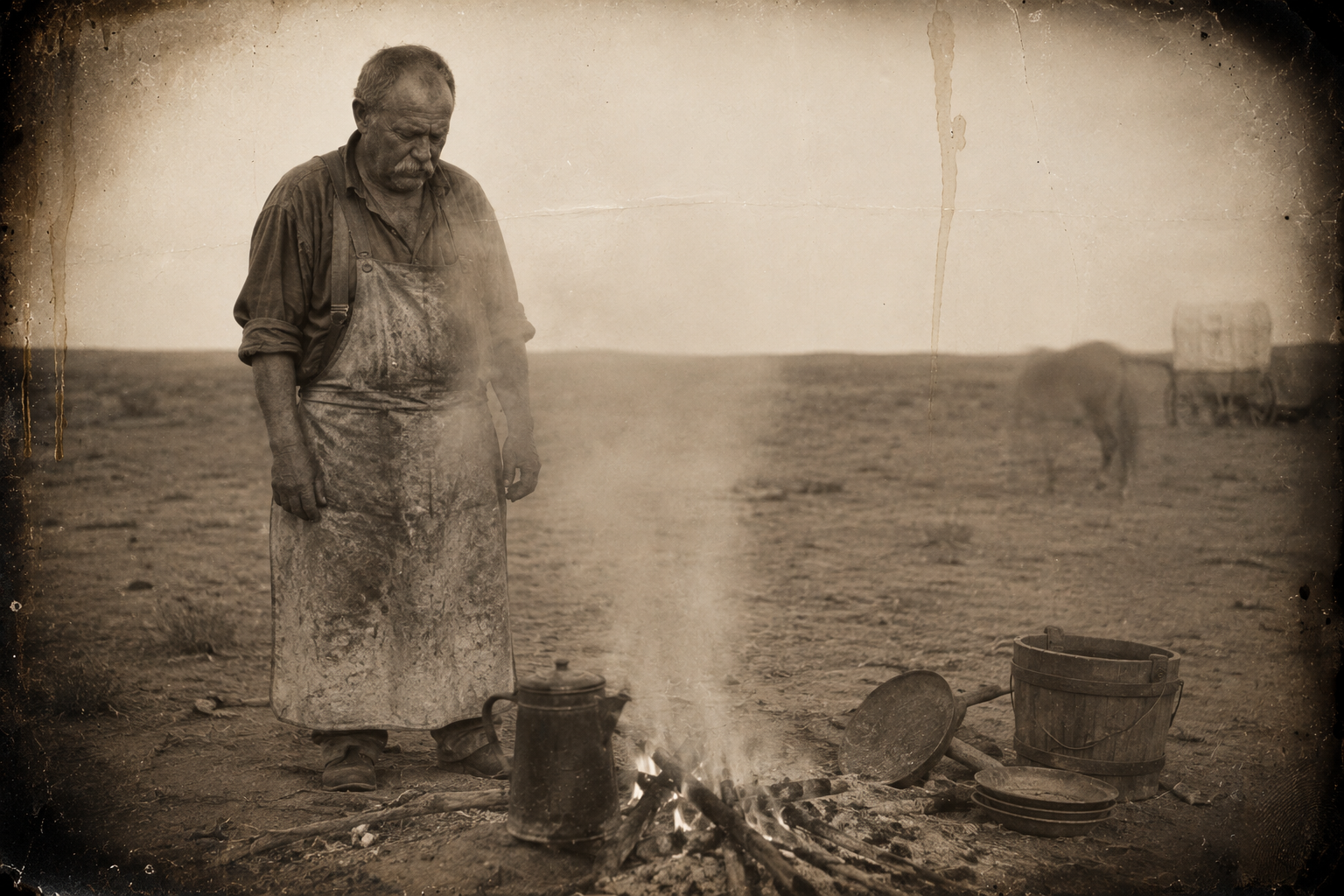 Bolivar stands at the cook fire staring into it in deep gloom, thinking of Mexico and his daughters and whether he will ever see them again.