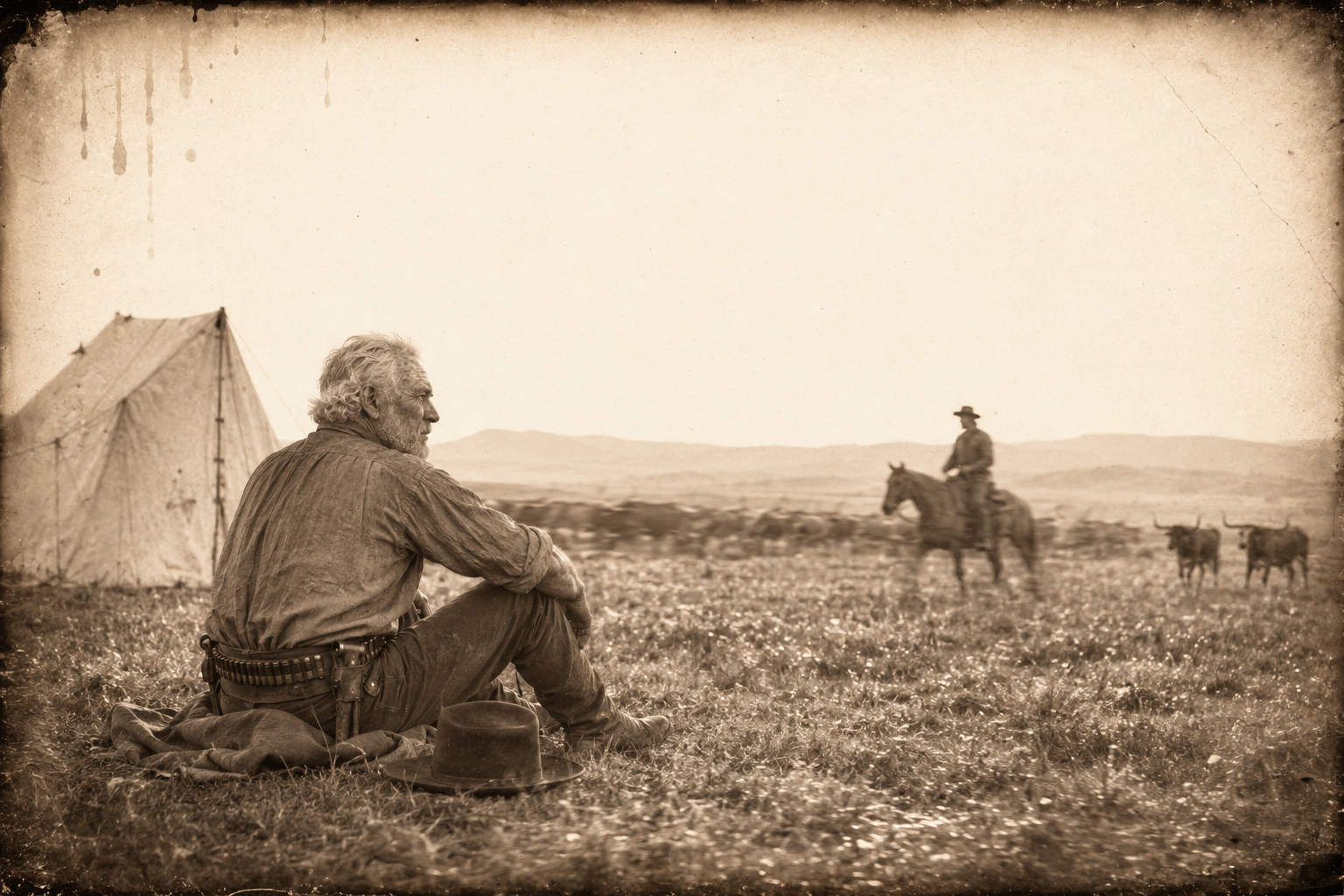 At dawn Augustus sits alone on his saddle blanket in the wet grass while Dish Boggett swings the point of the herd as close to the tent as he dares.