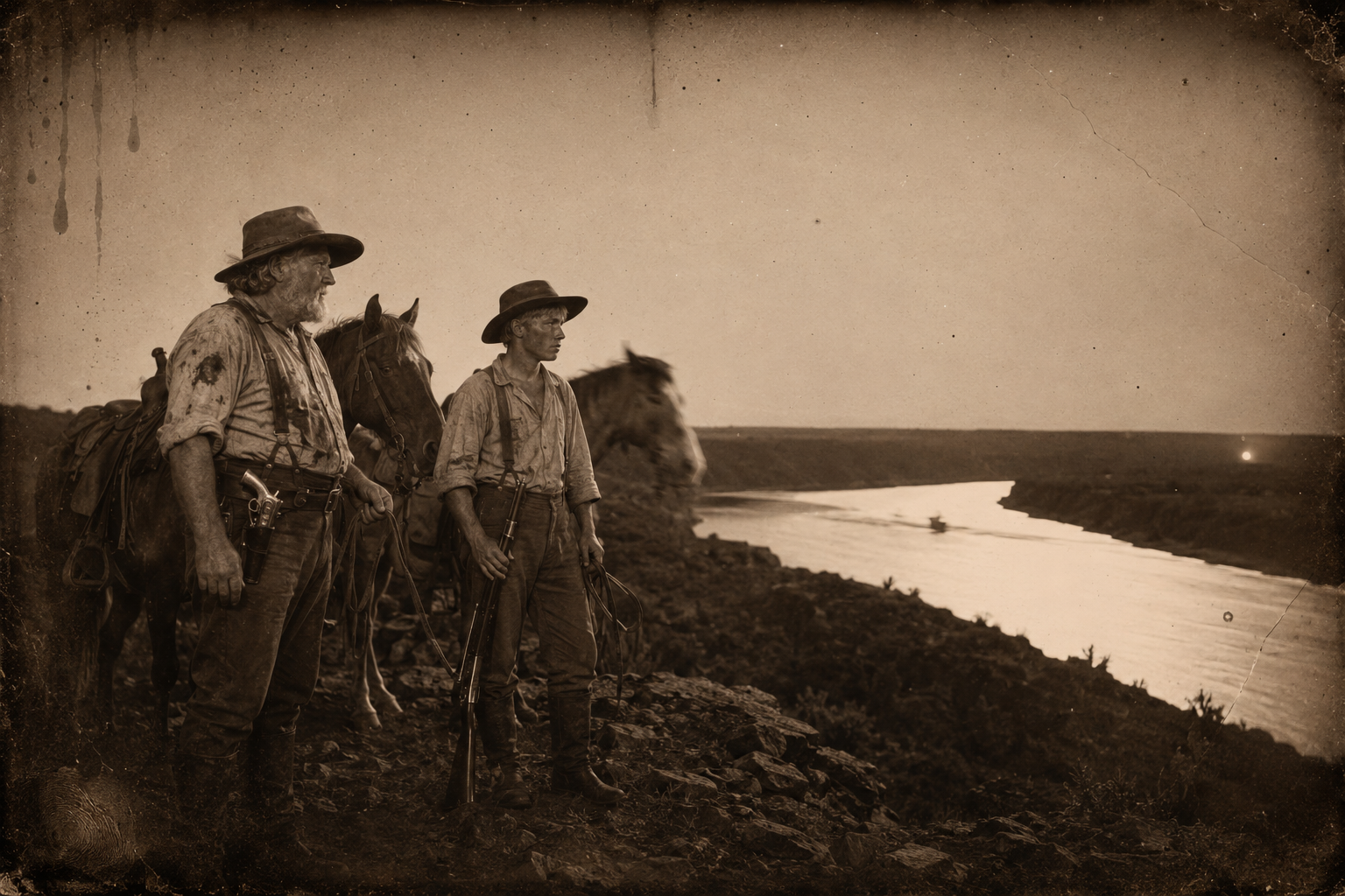 A mile short of the raiders' fire the two of them dismount to listen; July admits he has never killed anyone, and Augustus wishes silently that he had stayed with his party.
