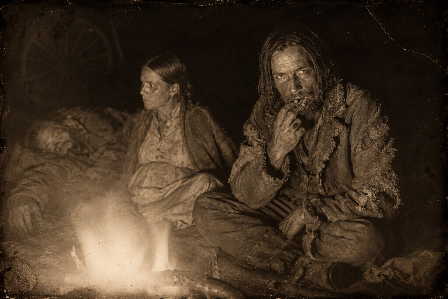Night camp: Luke sitting at the fire sucking his own fingers as if they were candy, watching Elmira across the flames while Zwey sleeps like a rock.