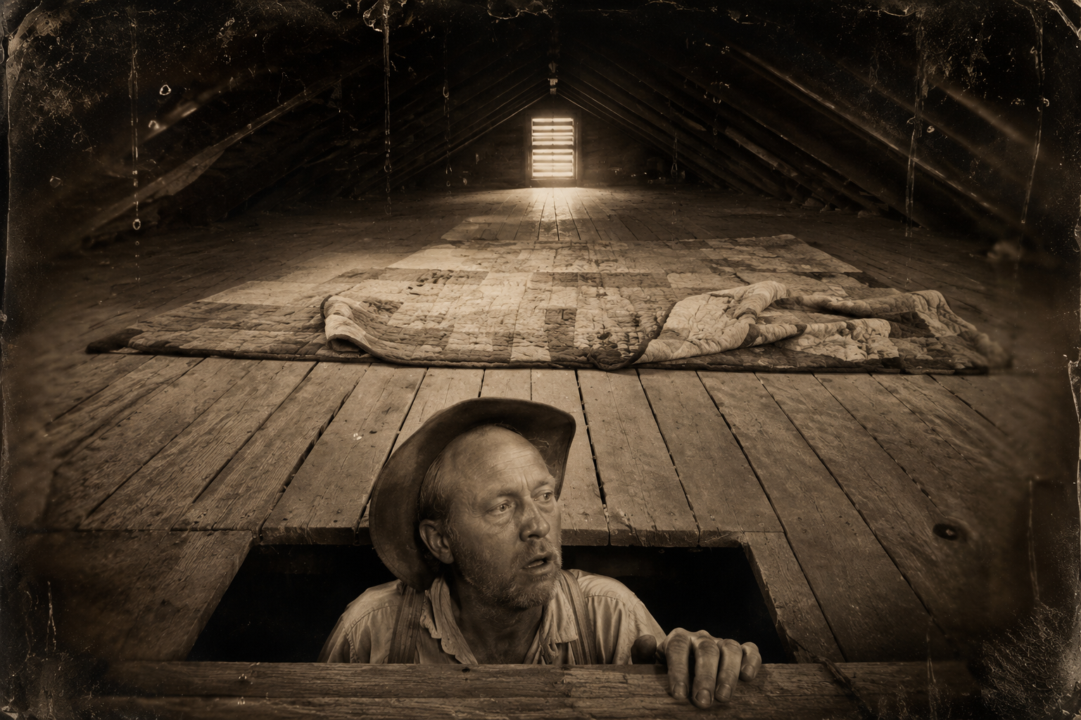 Roscoe puts his head up into the loft where Elmira mostly sat and finds nothing there but a pallet of two quilts — and no shoes anywhere in the cabin.