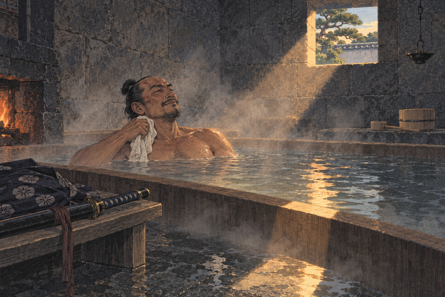 Yabu in the hot bath