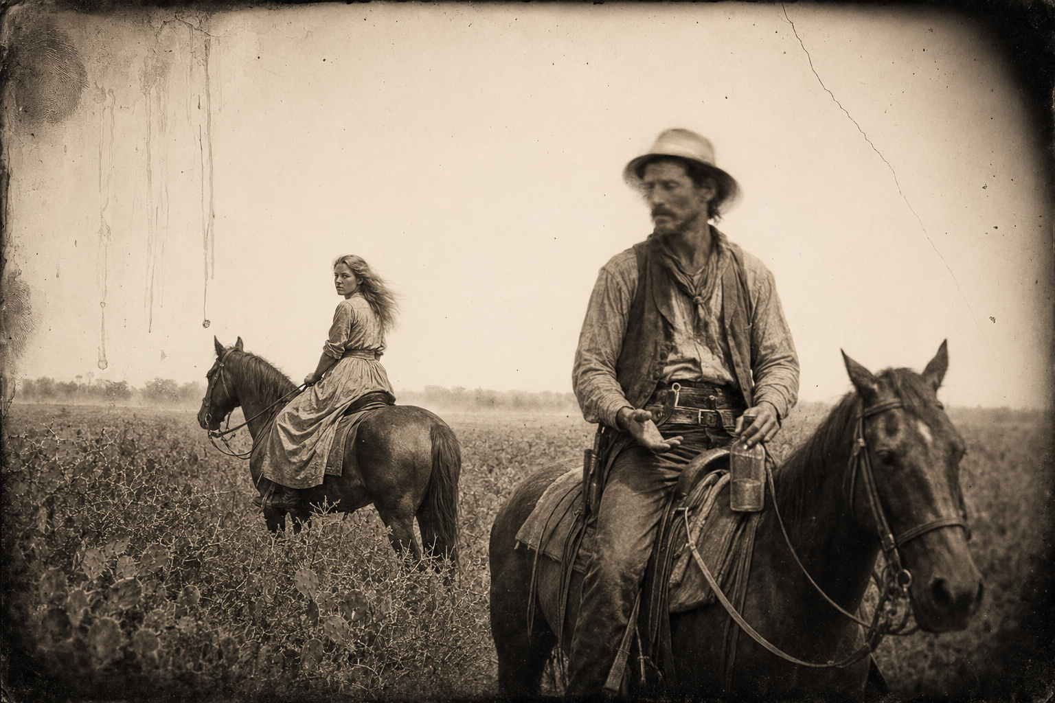 Lorena and Jake ride out of the mesquite thickets toward the Nueces, Jake drunk in the saddle, the herd's dust standing behind them.