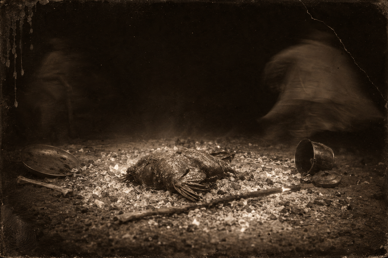 The shot out of the dark passes between them and knocks the cooked turkey off its stick into the ashes.