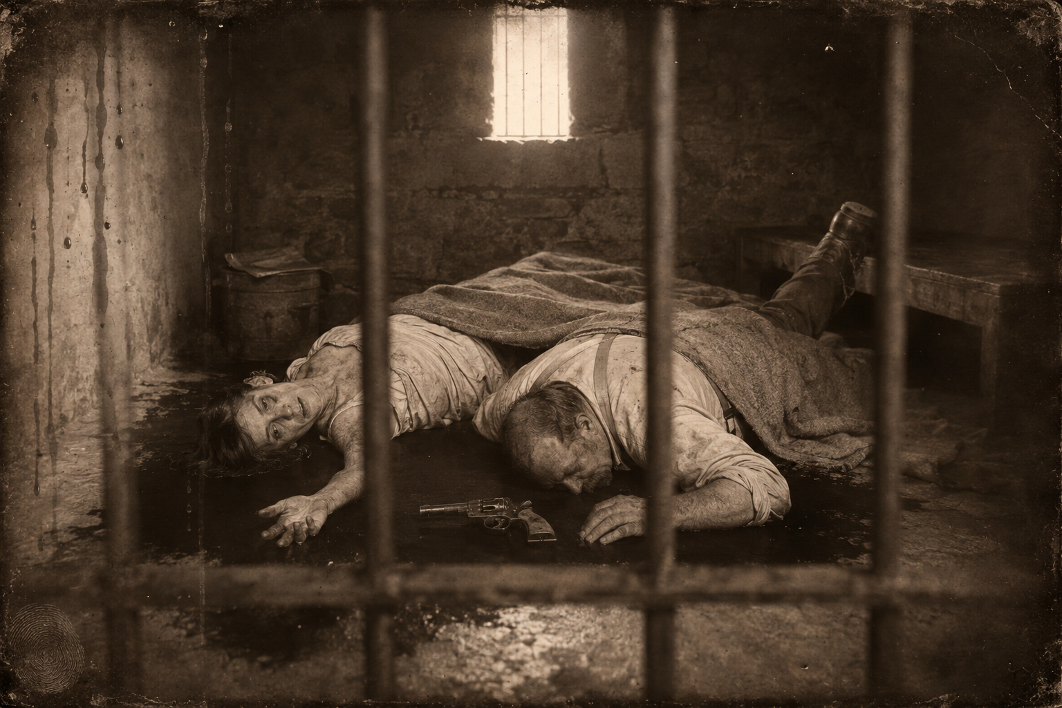 Sally and the deputy, having shot each other fatally over the one gun, lie dead together on the cell floor.