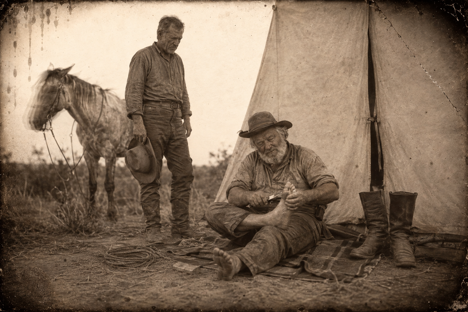 Call rides over to the tent in the evening to talk about Deets, and finds Gus sitting barefoot on a saddle blanket trimming his corns with a pocketknife.