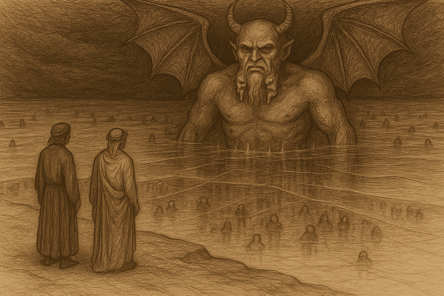 The colossal three-headed Satan embedded to the waist in the frozen lake of Cocytus, each mouth gnawing a traitor.