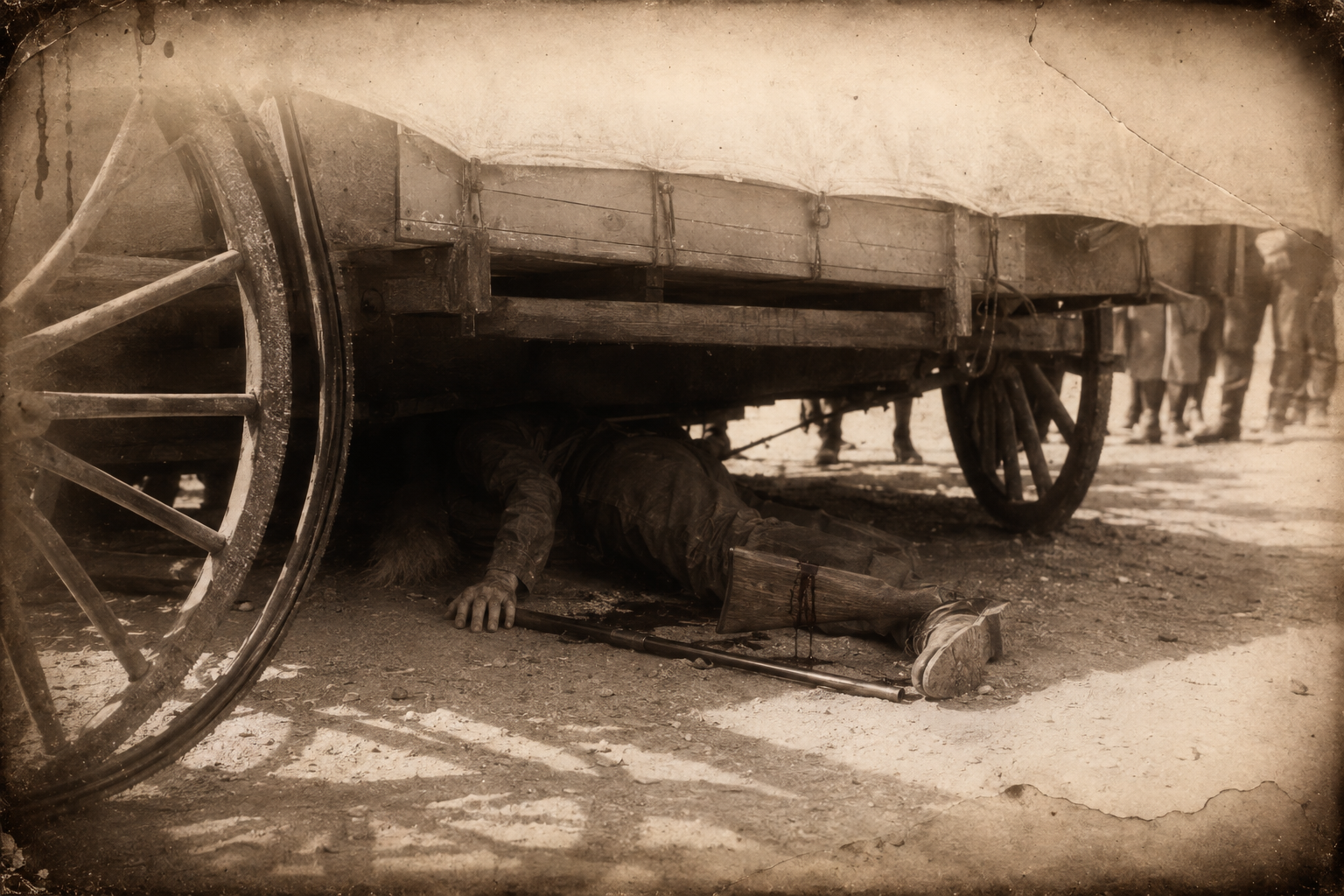 The old man dead — rolled partly under the wagon across his own shotgun, a line of blood running down the stock.