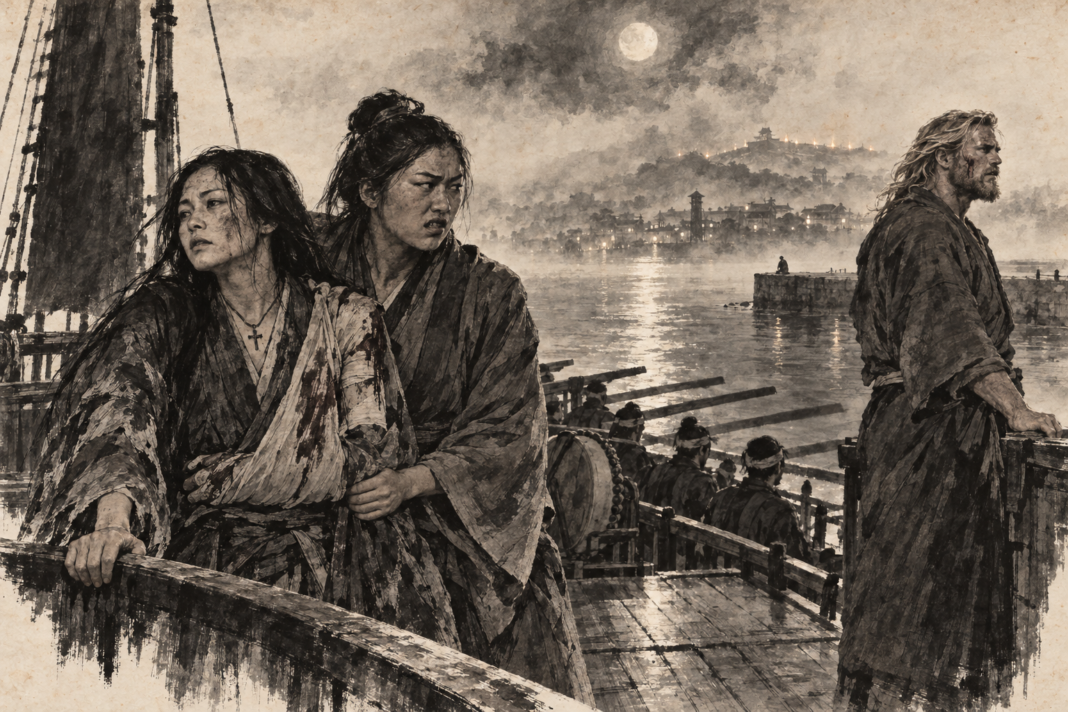 Mariko wounded, propped by Fujiko
