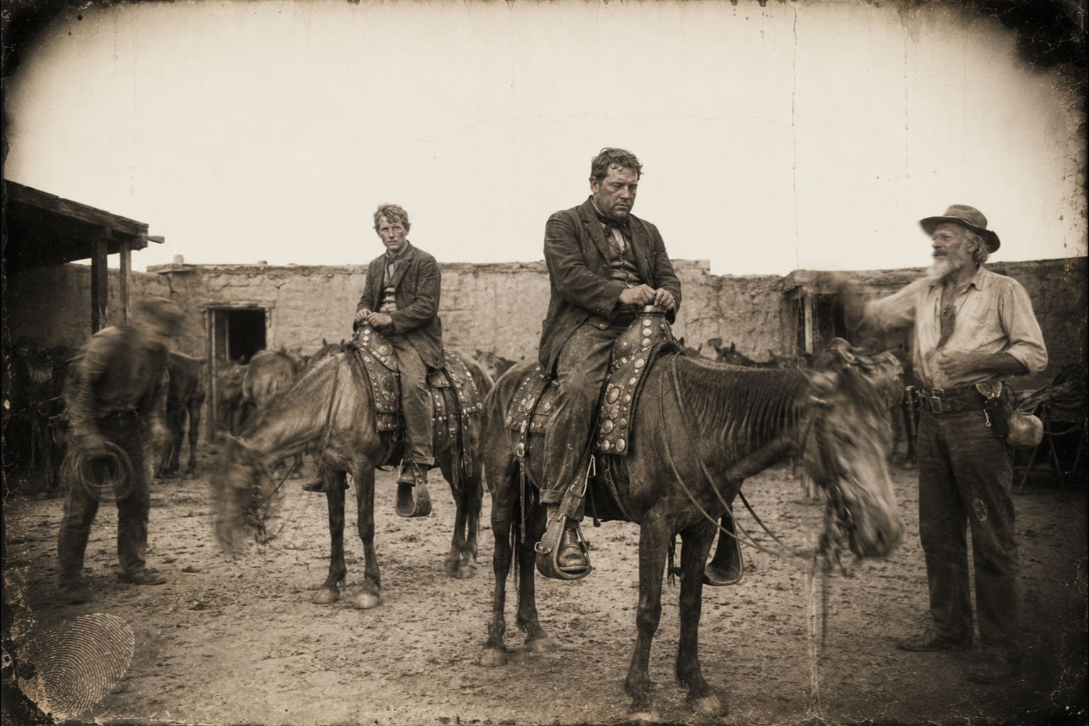 Augustus rides into the yard with the two O'Briens on stolen silver-studded Mexican saddles and a string of skinny horses, and the brothers will not get down.