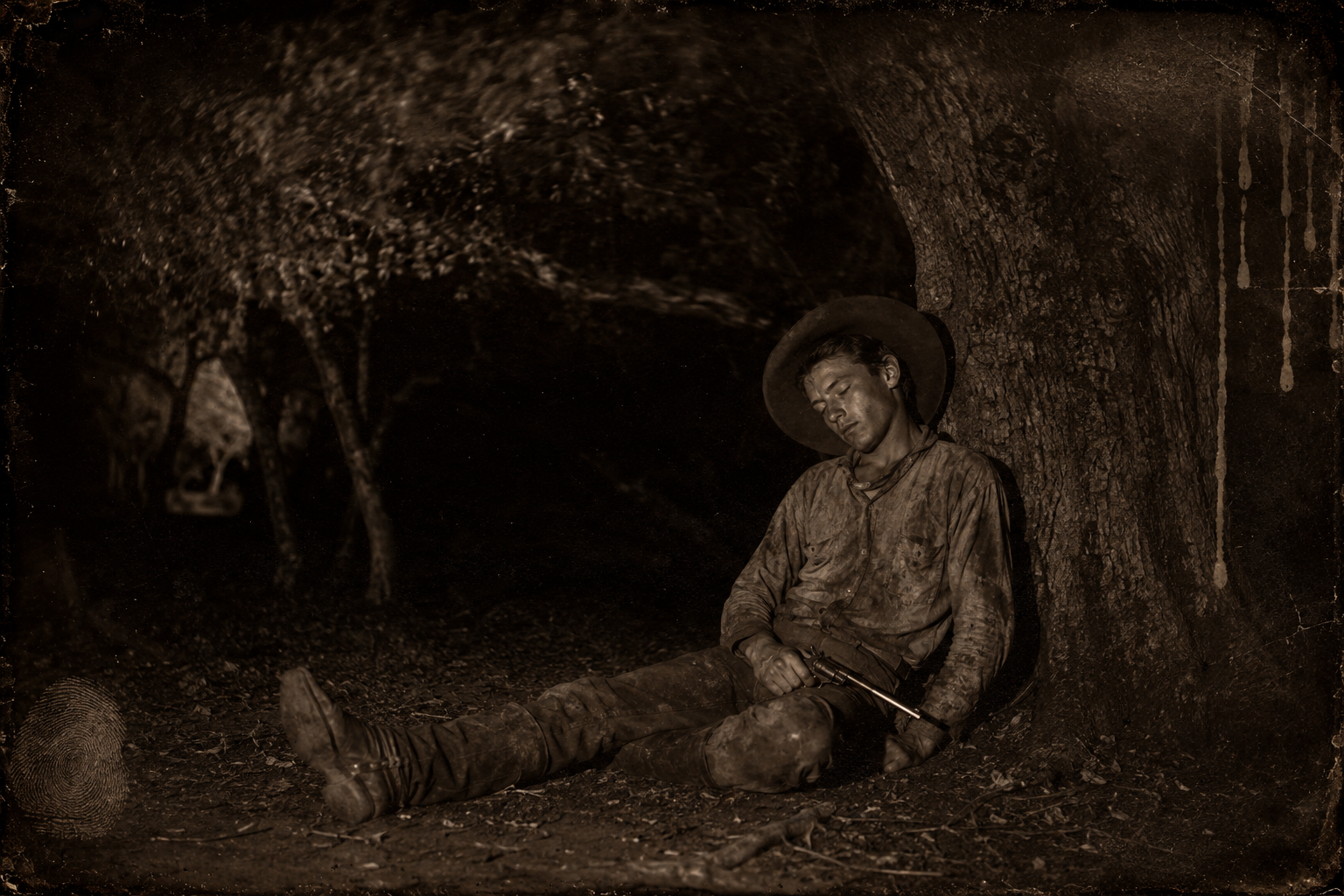 Newt sits down against a live oak a hundred yards from Lorena's camp with his pistol drawn, and drifts out of his daydream into sleep.