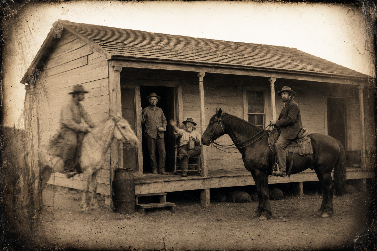 Call steps out of the house onto the porch with his shirttail out and his cactus-pulp poultice, just as Chick rides around the corner of the house on a grey.