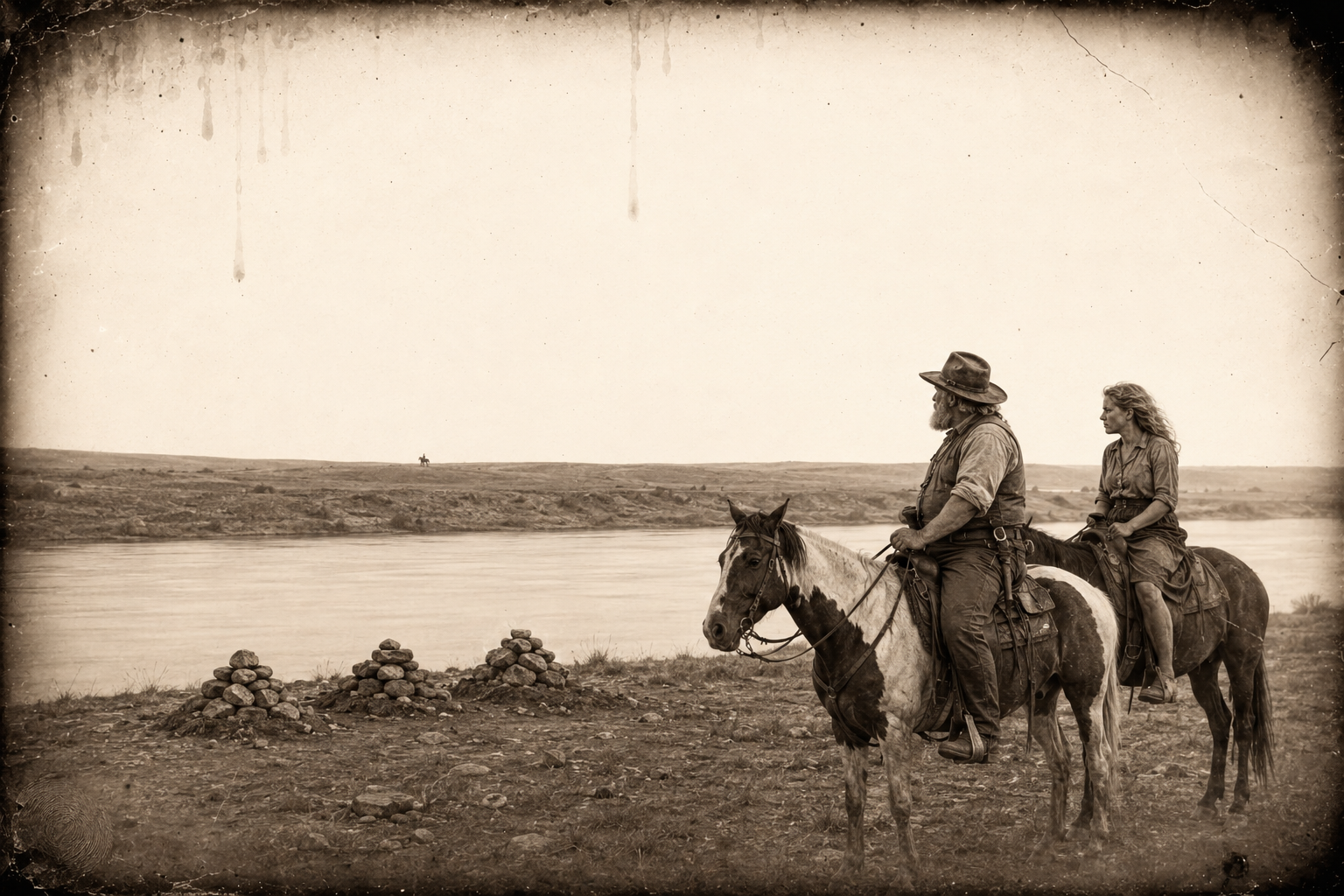 Told to leave off vengeance and go find his wife, July rides north across the river and dwindles to a tiny speck on the plain while Augustus and Lorena watch from beside the three stone-piled graves.