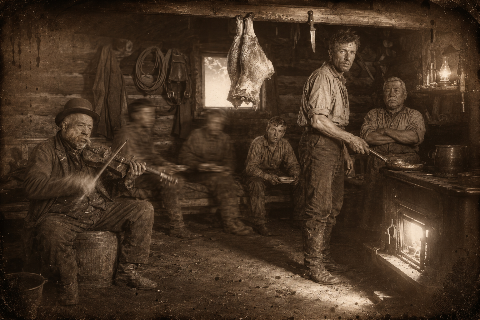 Christmas in the bunkhouse — Gus's pigs killed for the pork, Jasper Fant learning to cook under Po Campo, and Lippy sawing at the fiddle he has made out of a shoebox.