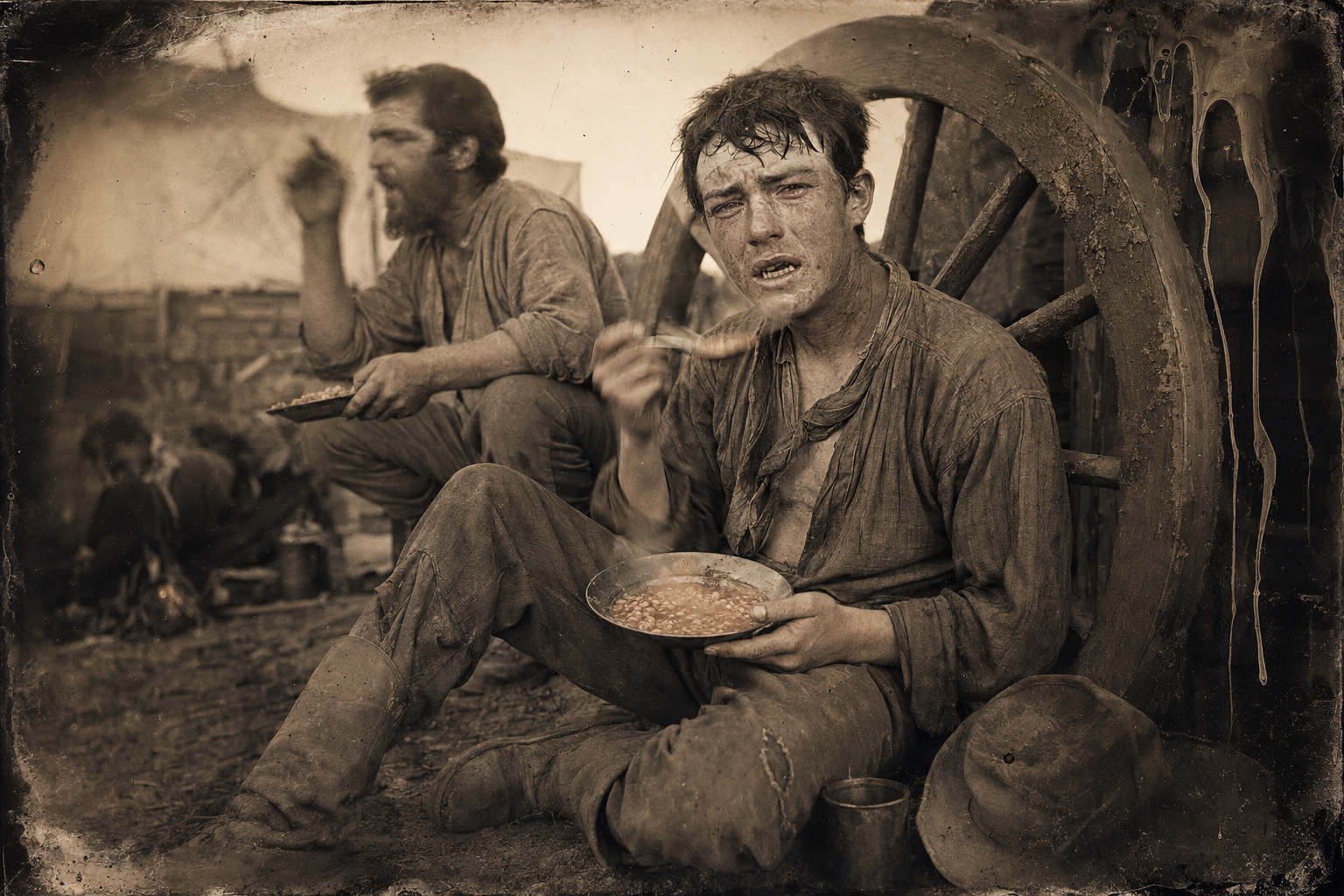 Young Sean, too hungry to refuse Bolivar's chilli-laden beans and unable to eat them without weeping, sits with his plate and weeps.